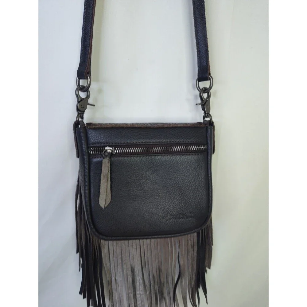 Mountain West Tooled Leather Crossbody Purse, Small, Fringed Dark Brown Handbag
